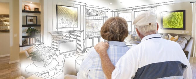 Curious Senior Couple Looking Over Custom Living Room Design Drawing Photo Combination.